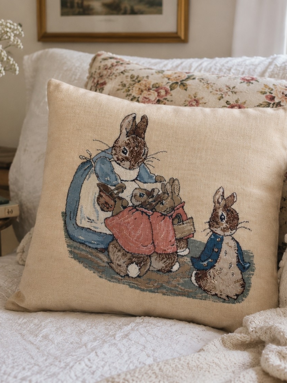Beige Peter Rabbit Vintage Family   Decorative Pillow Case